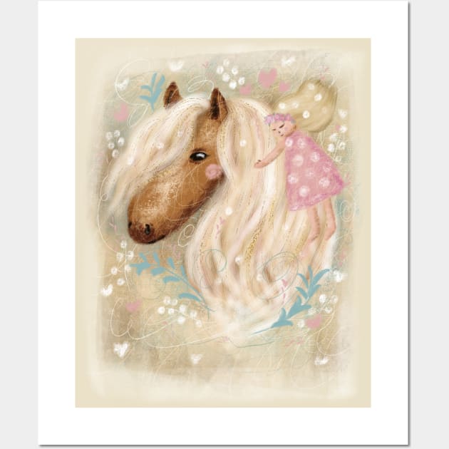 Cute dreaming romantic horse with flowers and a little girl. Wall Art by Olena Tyshchenko